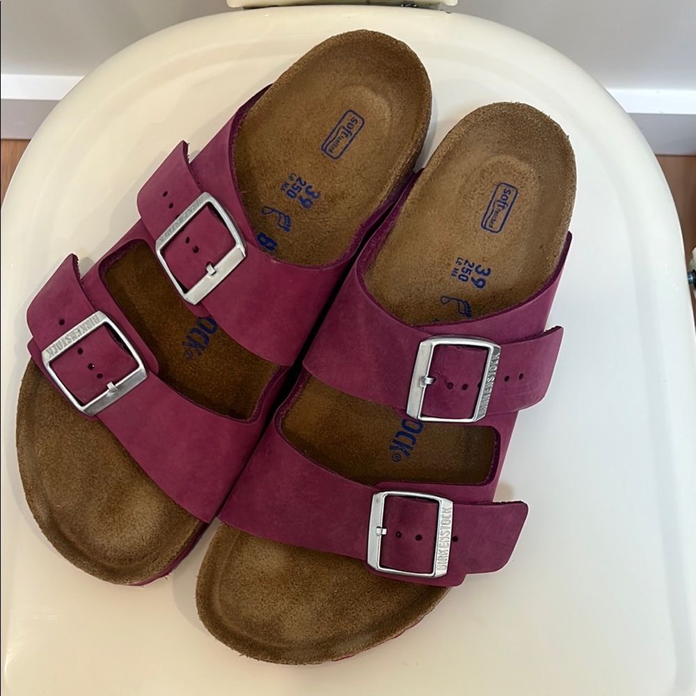 Birkenstock Magenta Suede Sandals with Silver Buckles